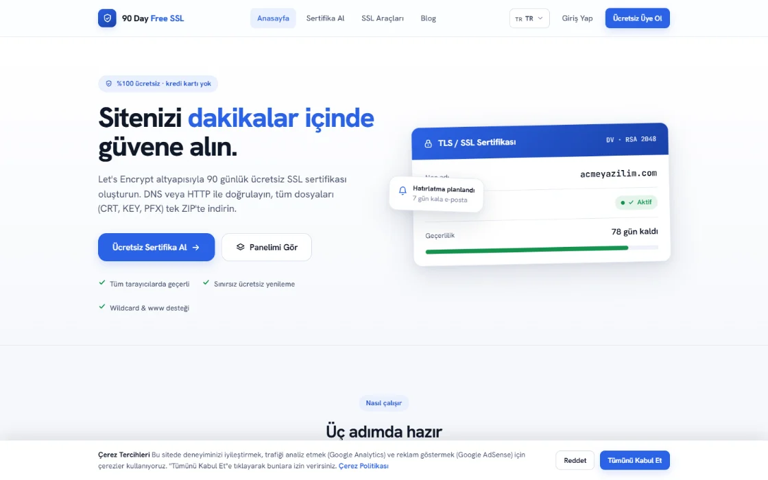 90 Day Free SSL web sitesi
